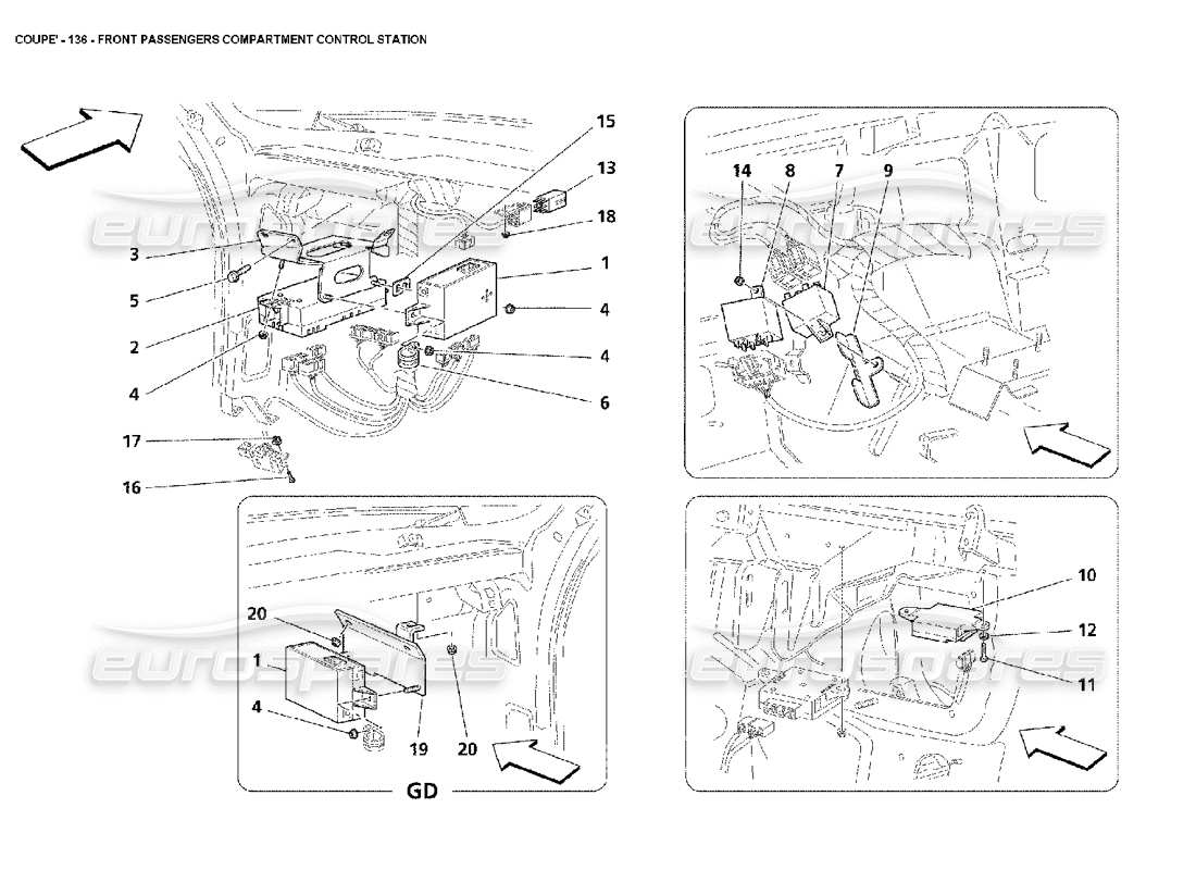 maserati 4200 coupe (2002) stazione di controllo dell'abitacolo dei passeggeri anteriori diagramma delle parti