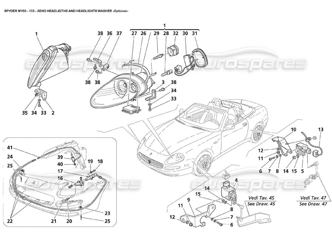 maserati 4200 spyder (2003) fari xeno e lavafari - opzionali diagramma delle parti