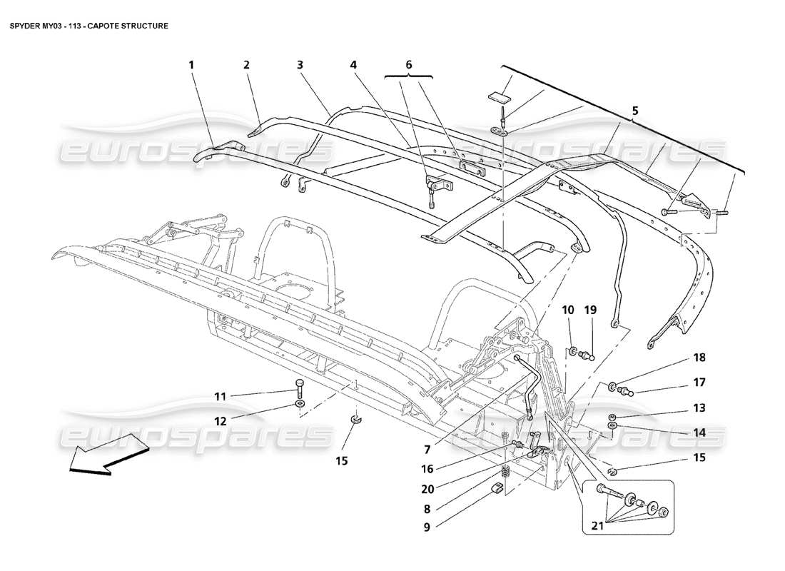 maserati 4200 spyder (2003) diagramma delle parti della struttura della capote