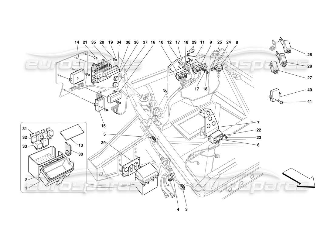 ferrari f50 dispositivi elettrici - quadri elettrici parte anteriore-abitacolo passeggeri diagramma delle parti