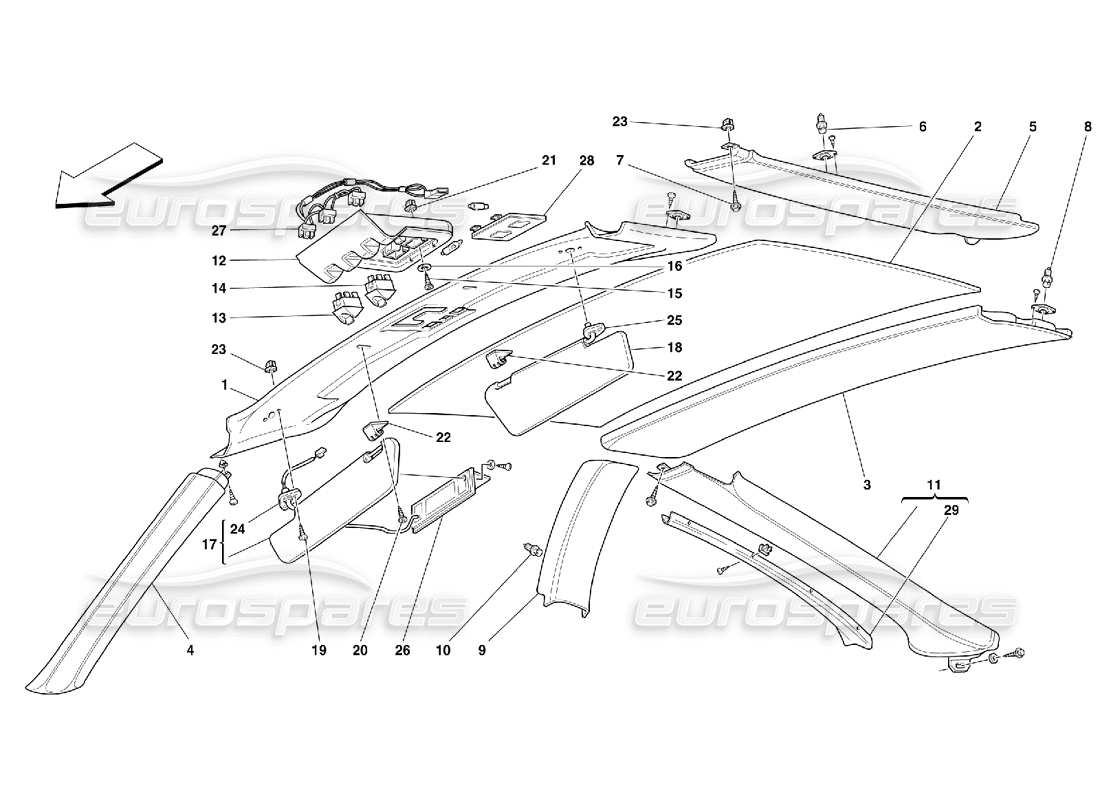 ferrari 550 maranello rivestimenti e accessori del pannello del tetto diagramma delle parti