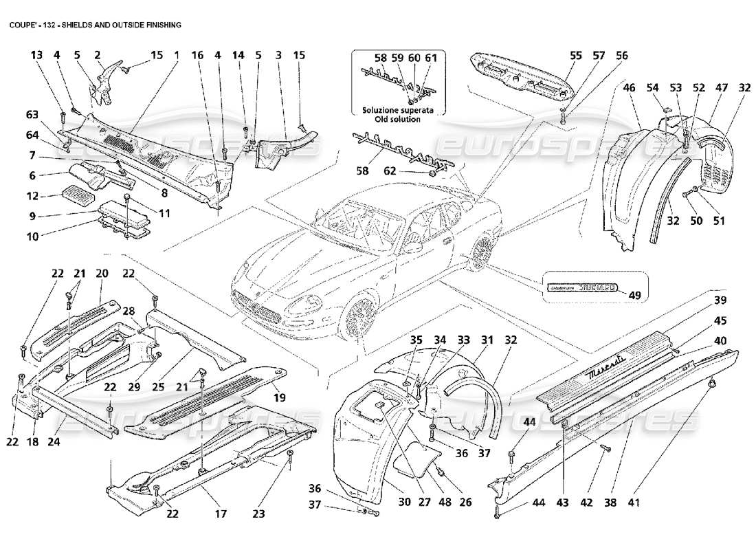 maserati 4200 coupe (2002) shields and outside finishing part diagram