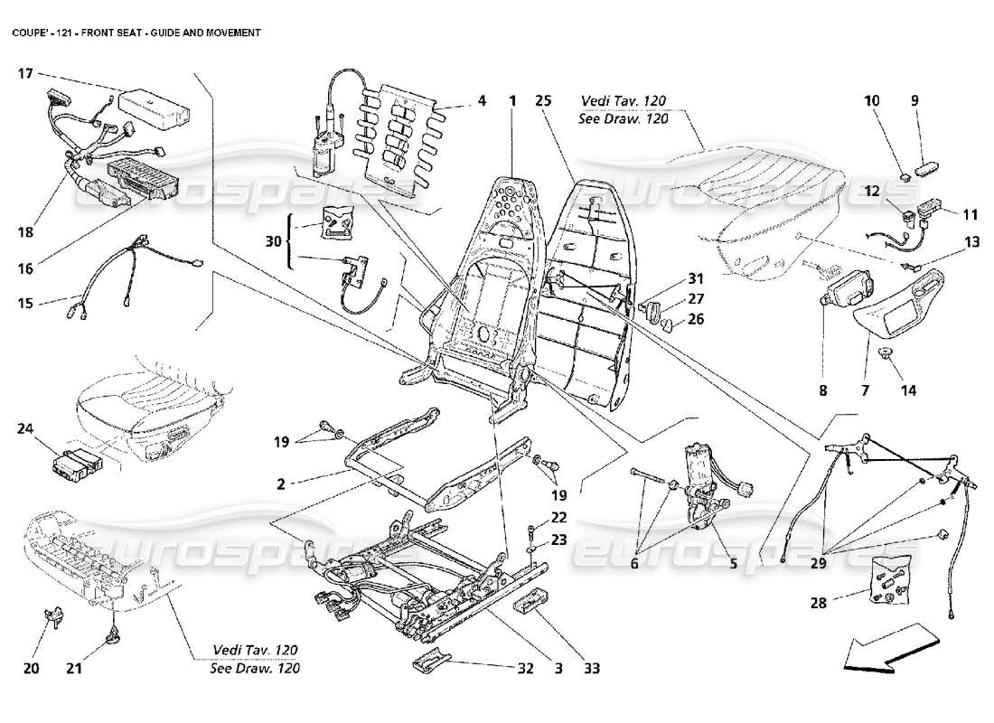 maserati 4200 coupe (2002) sedile anteriore: schema delle parti di guida e movimento