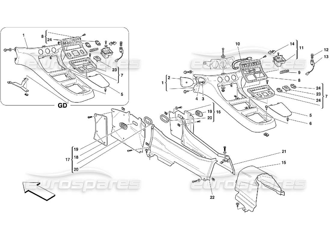 ferrari 456 m gt/m gta tunnel - schema delle parti di tappezzeria e accessori