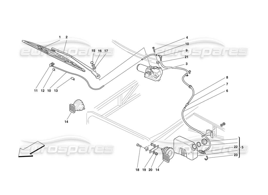 ferrari f50 schema delle parti di tergicristallo, contenitore del tergicristallo e avvisatori acustici