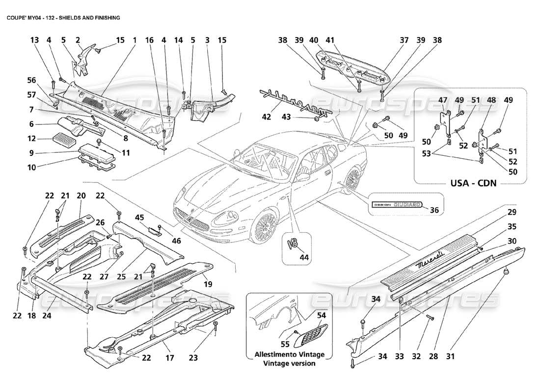 maserati 4200 coupe (2004) scudi e finiture diagramma delle parti
