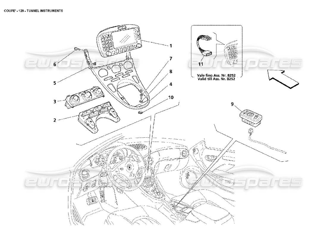 maserati 4200 coupe (2002) diagramma delle parti degli strumenti per tunnel