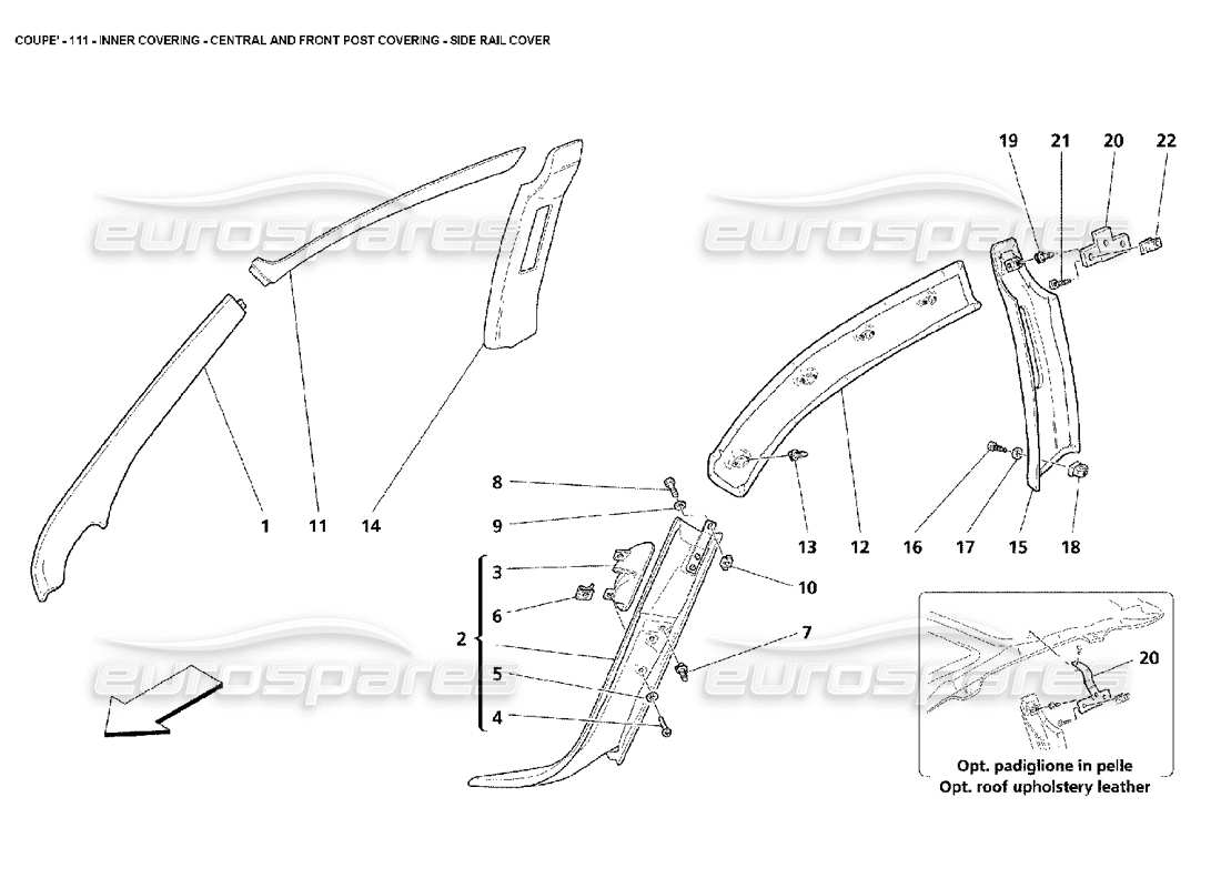 maserati 4200 coupe (2002) copertura interna - copertura del montante centrale e anteriore - schema delle parti della copertura della guida laterale