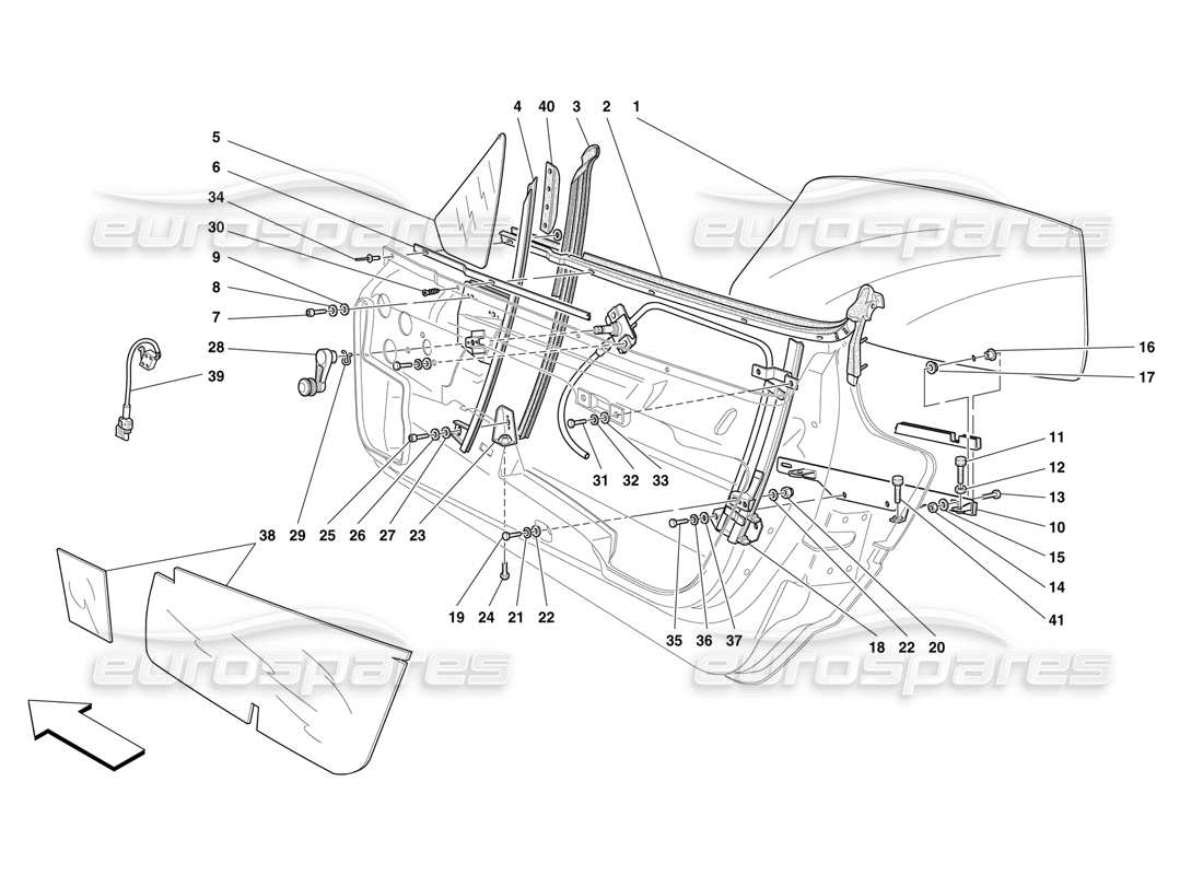 ferrari f50 porte: diagramma delle parti del dispositivo di sollevamento del vetro