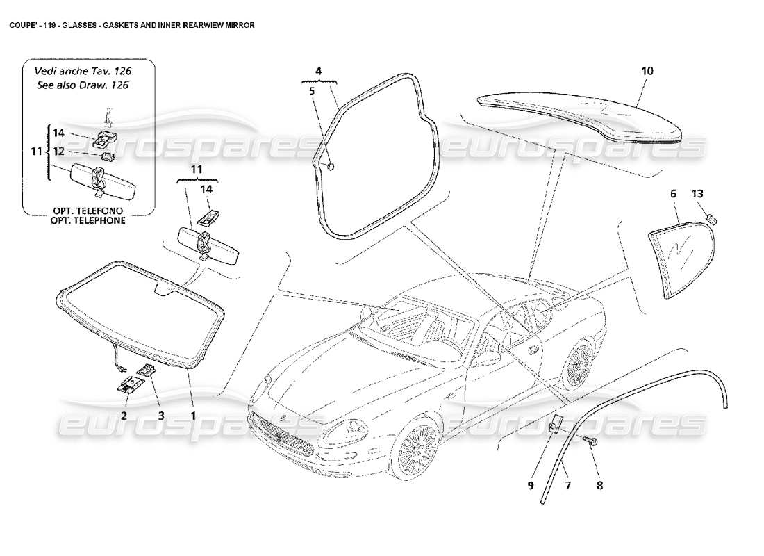 maserati 4200 coupe (2002) vetri - schema delle parti delle guarnizioni e dello specchietto retrovisore interno