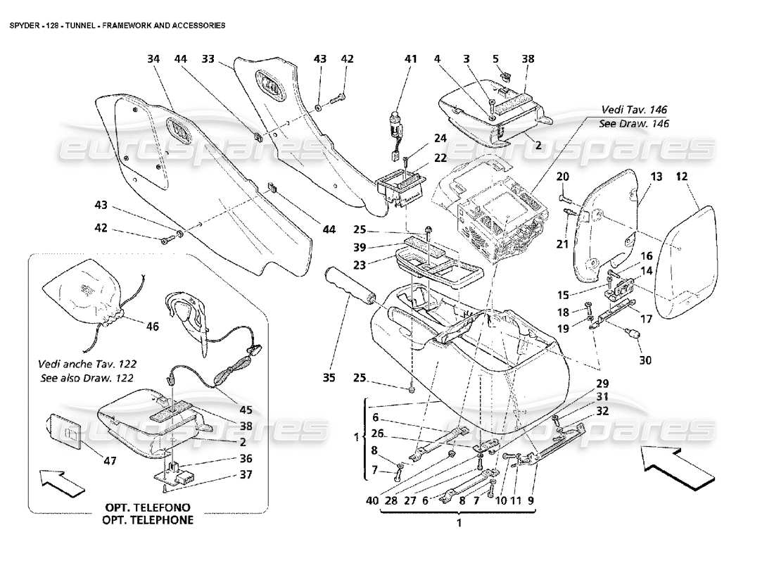 maserati 4200 spyder (2002) tunnel - diagramma delle parti della struttura e degli accessori