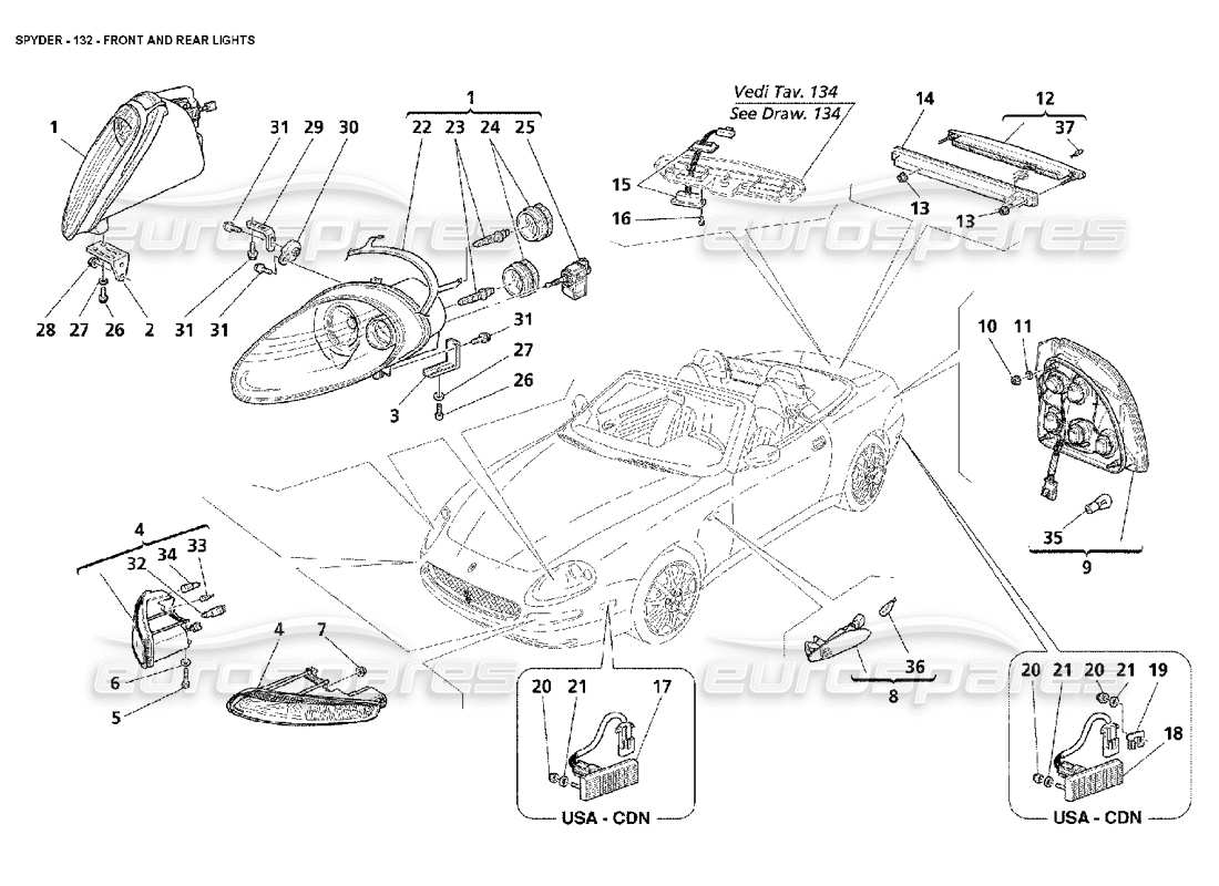 maserati 4200 spyder (2002) luci anteriori e posteriori diagramma delle parti