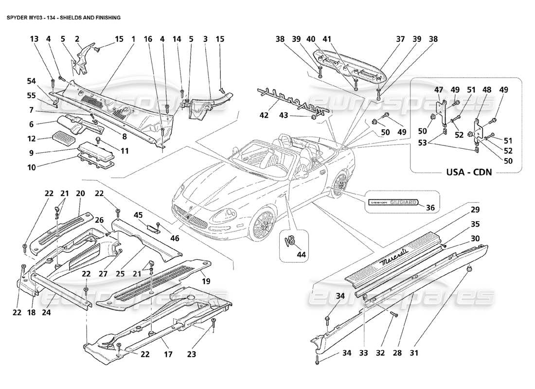 maserati 4200 spyder (2003) schema delle schermature e delle parti di finitura
