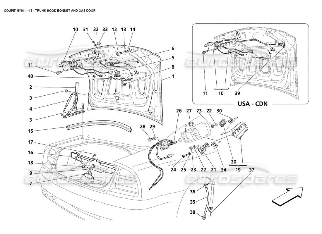 maserati 4200 coupe (2004) cofano del cofano del bagagliaio e porta del gas diagramma delle parti