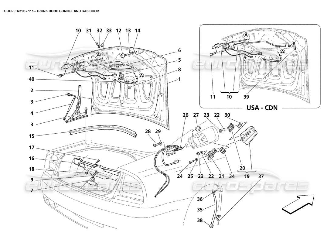 maserati 4200 coupe (2003) schema delle parti del cofano del cofano del bagagliaio e della porta del gas