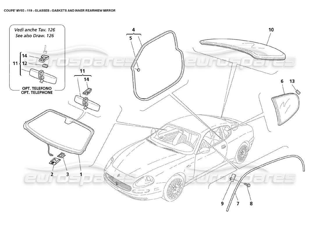 maserati 4200 coupe (2003) vetri - schema delle parti delle guarnizioni e dello specchietto retrovisore interno