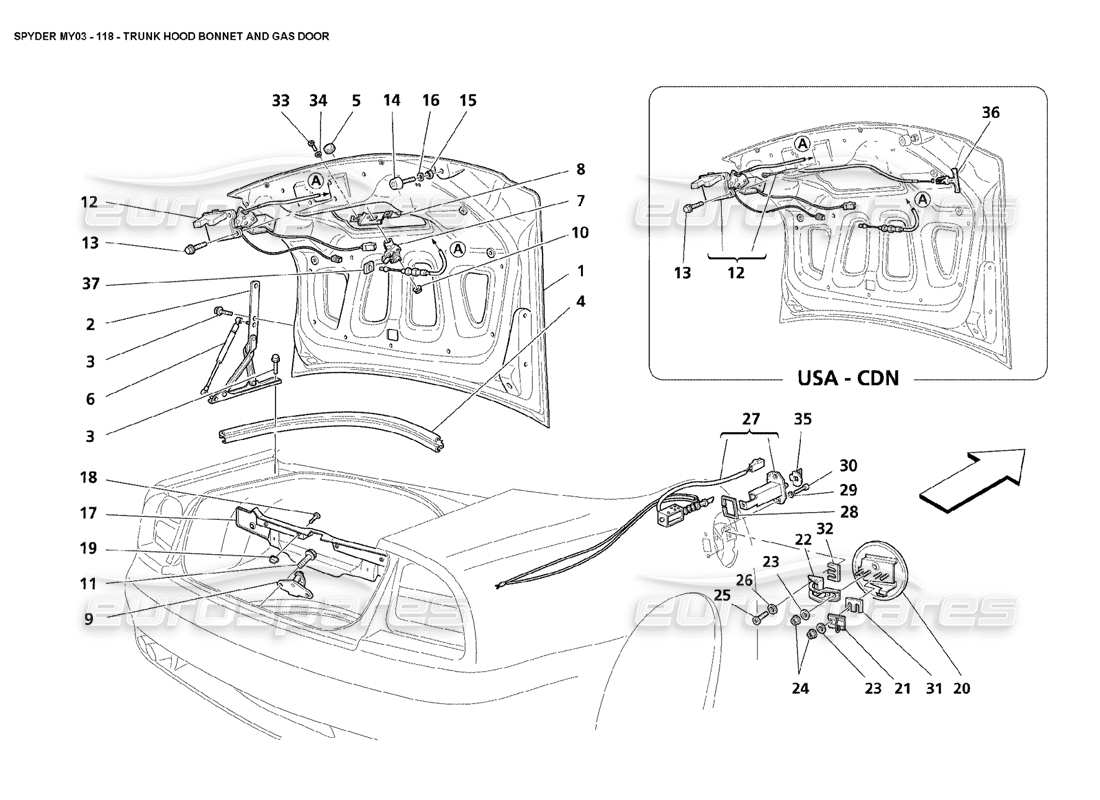 maserati 4200 spyder (2003) schema delle parti del cofano del cofano del bagagliaio e della porta del gas