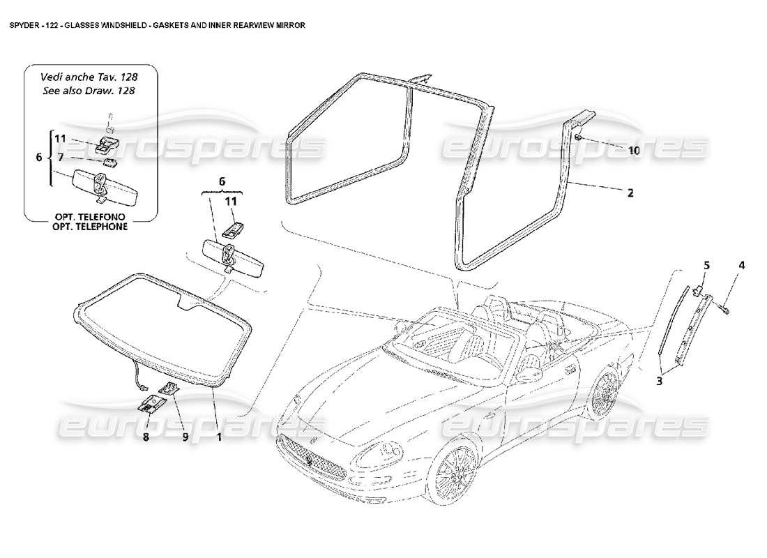maserati 4200 spyder (2002) parabrezza per occhiali: schema delle parti delle guarnizioni e dello specchietto retrovisore interno
