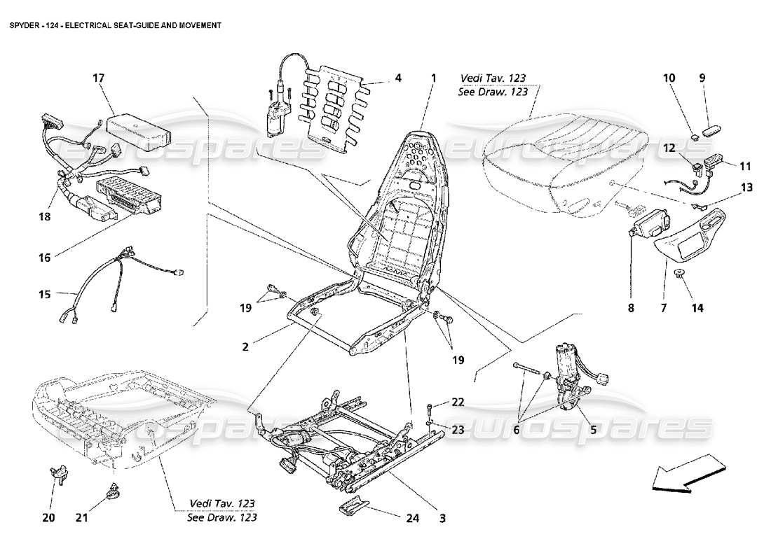 maserati 4200 spyder (2002) guida e movimento elettrico del sedile diagramma delle parti