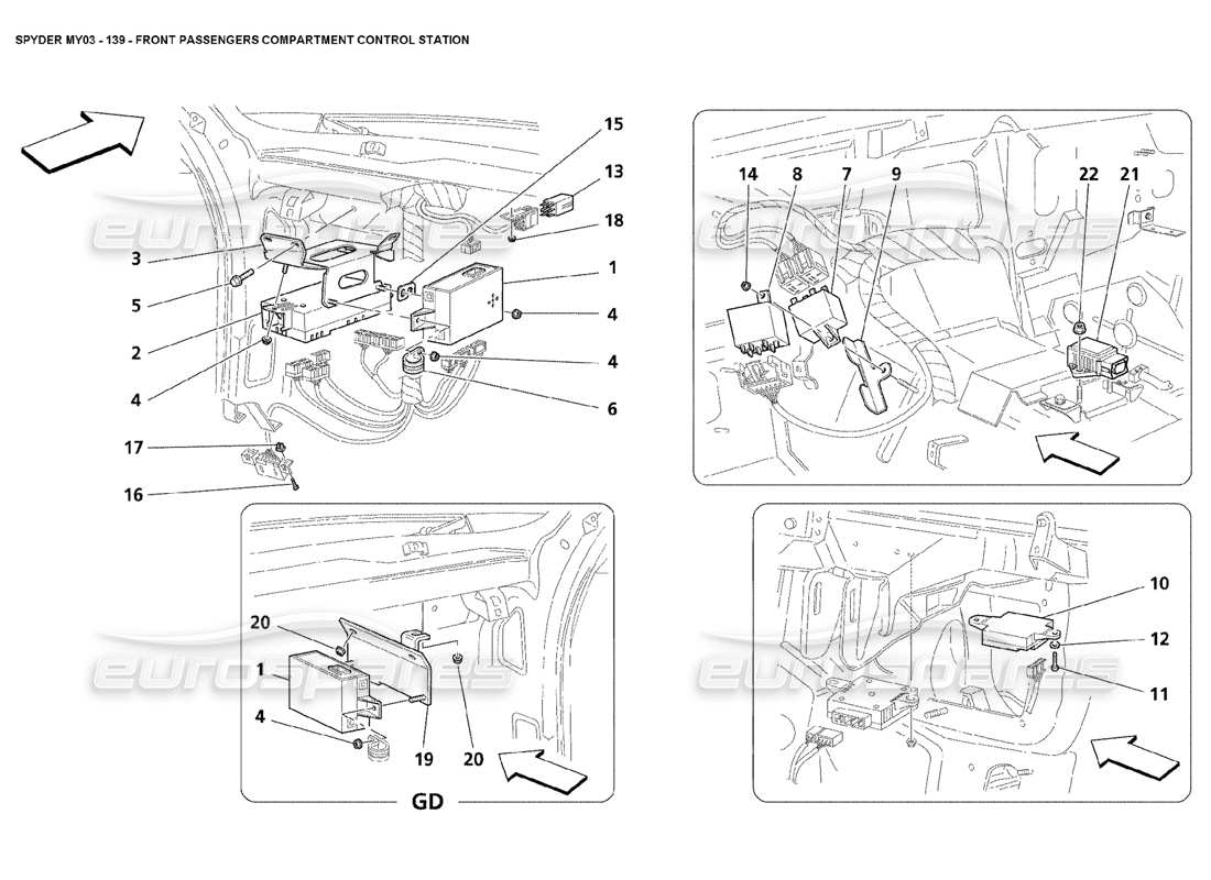 maserati 4200 spyder (2003) stazione di controllo dell'abitacolo dei passeggeri anteriori diagramma delle parti