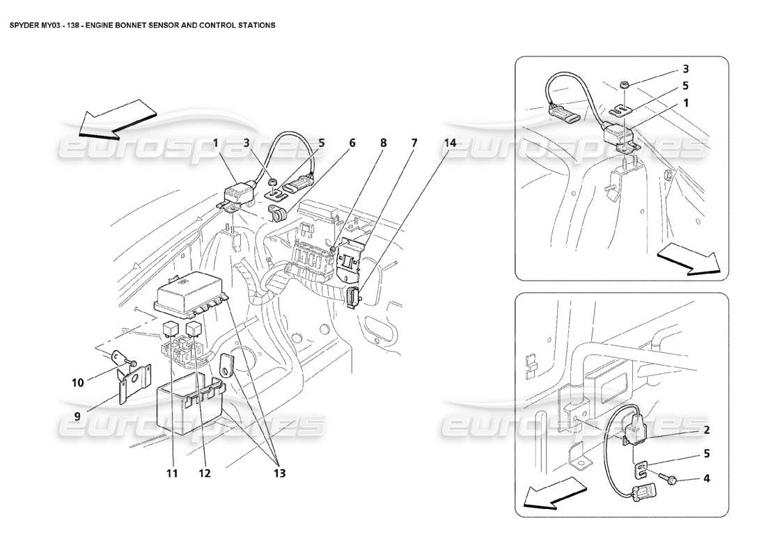maserati 4200 spyder (2003) diagramma delle parti del sensore del cofano motore e delle stazioni di controllo