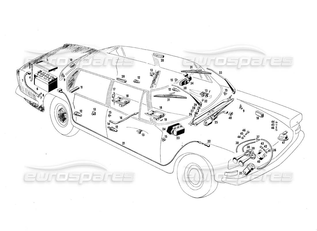 un diagramma delle parti dal catalogo delle parti maserati quattroporte (1967-1979)