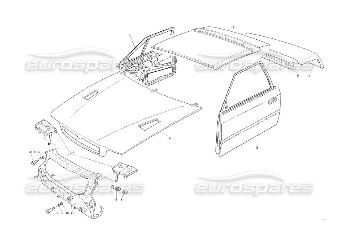 maserati shamal carrozzeria - f. lato, tetto p. portiere cofani diagramma delle parti