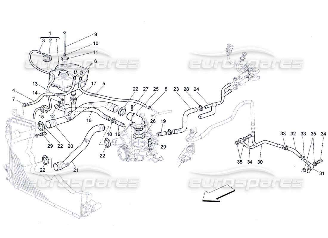 maserati qtp. (2010) 4.7 sistema di raffreddamento: diagramma delle parti di nourice e linee