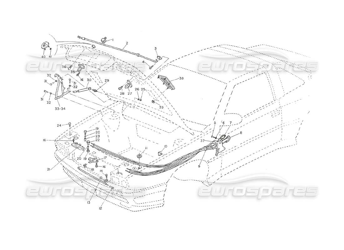 maserati shamal cofano motore - cerniere, comandi apertura diagramma delle parti