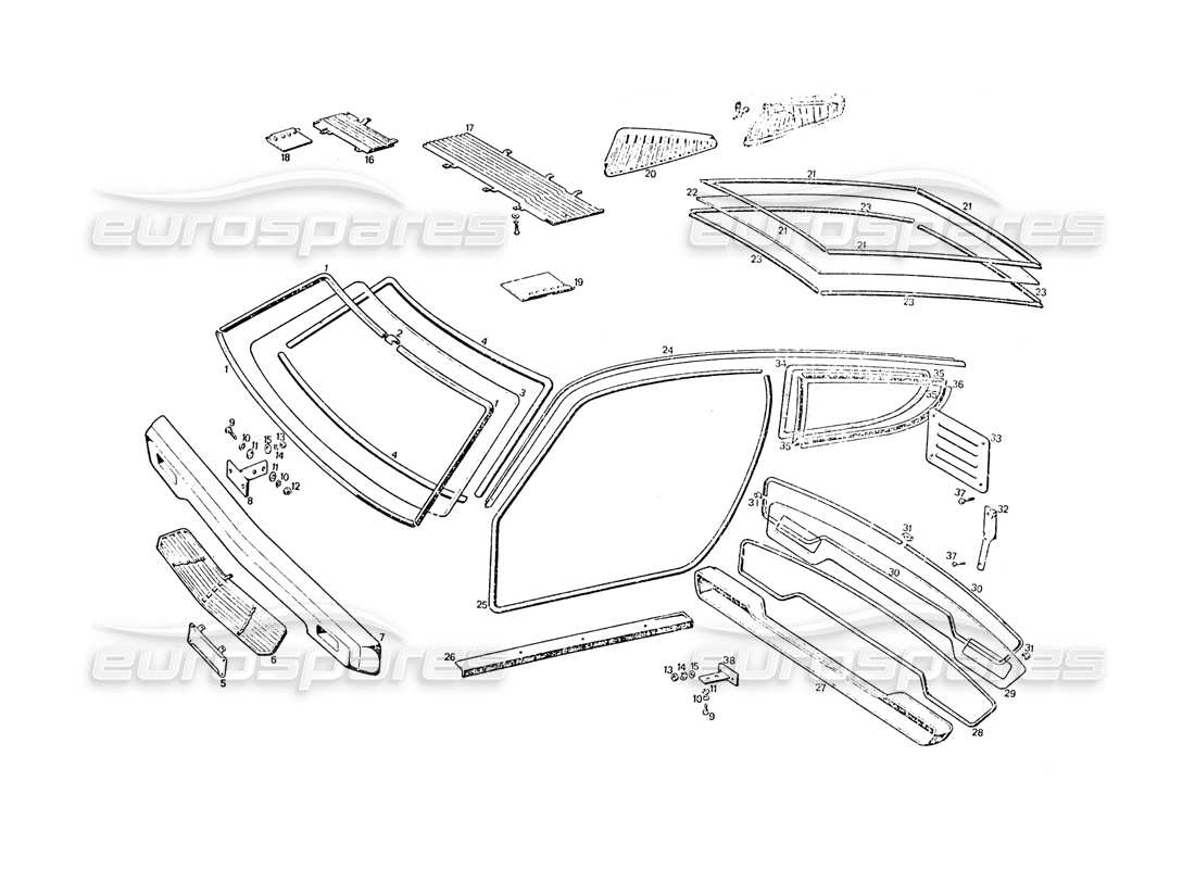 maserati khamsin paraurti e vetri diagramma delle parti