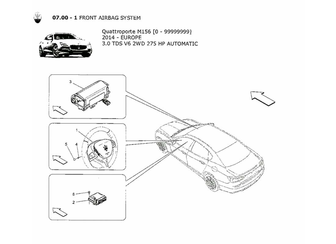 maserati qtp. v6 3.0 tds 275bhp 2014 diagramma delle parti del sistema airbag anteriore