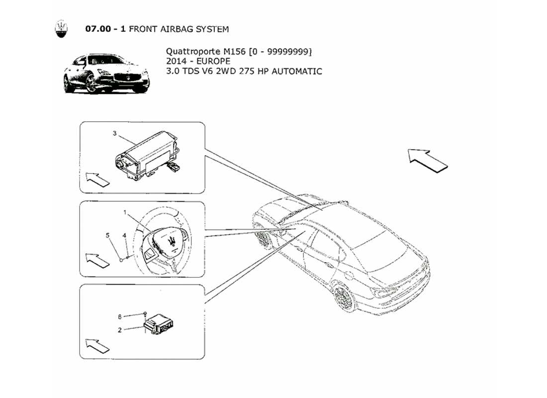 maserati qtp. v6 3.0 tds 275bhp 2014 sistema airbag frontale diagramma delle parti