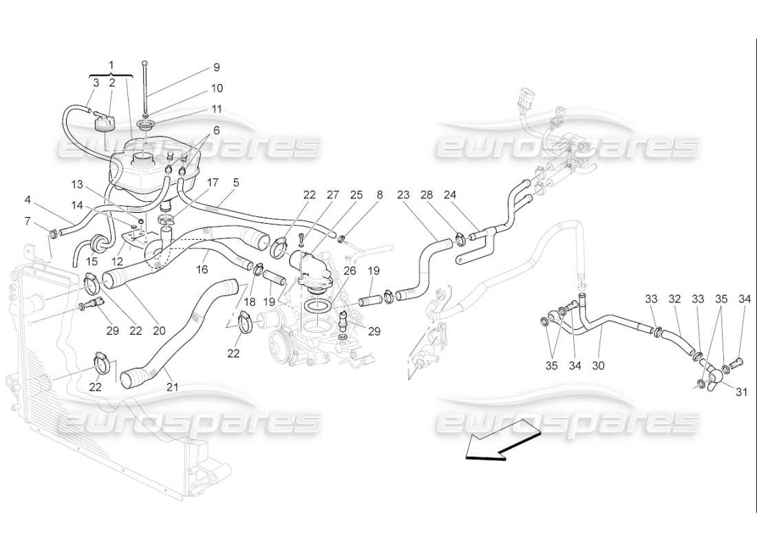 maserati qtp. (2010) 4.7 auto sistema di raffreddamento: diagramma delle parti di nourice e linee