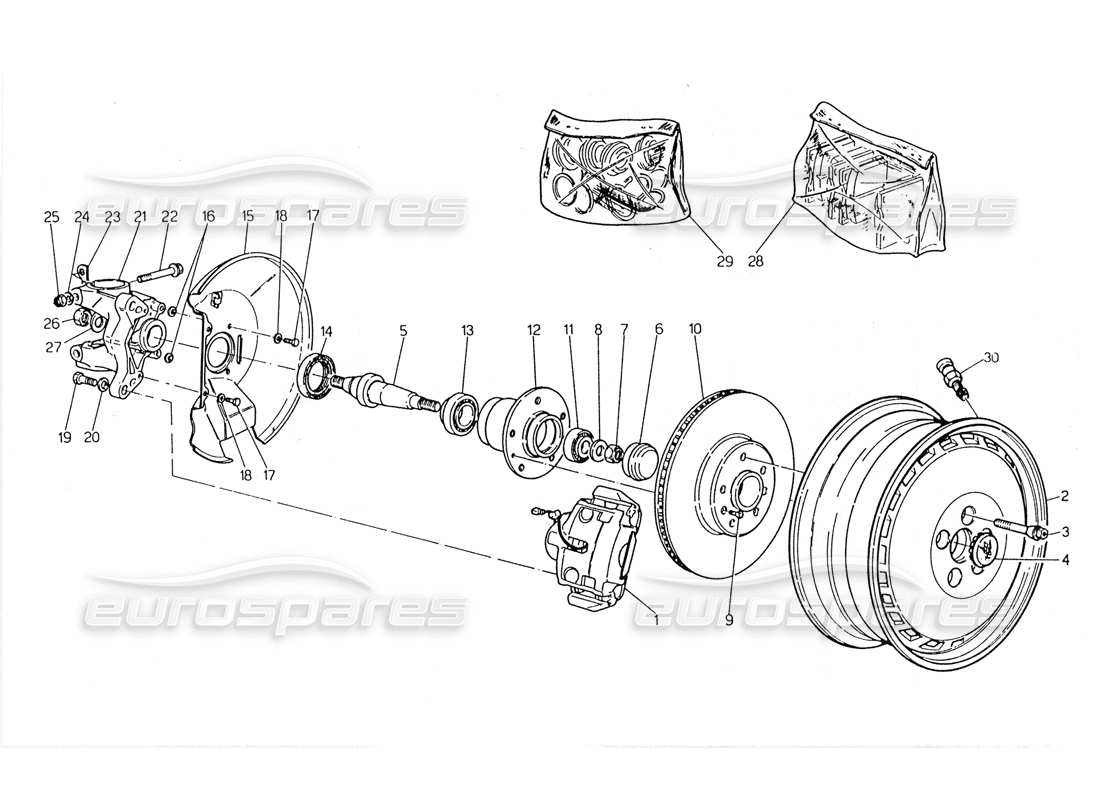 maserati 228 schema delle parti di ruote, mozzi e freni anteriori