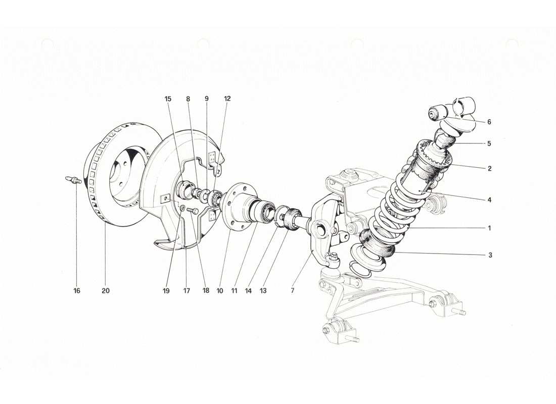 ferrari 208 gtb gts sospensione anteriore: ammortizzatore e disco freno diagramma delle parti