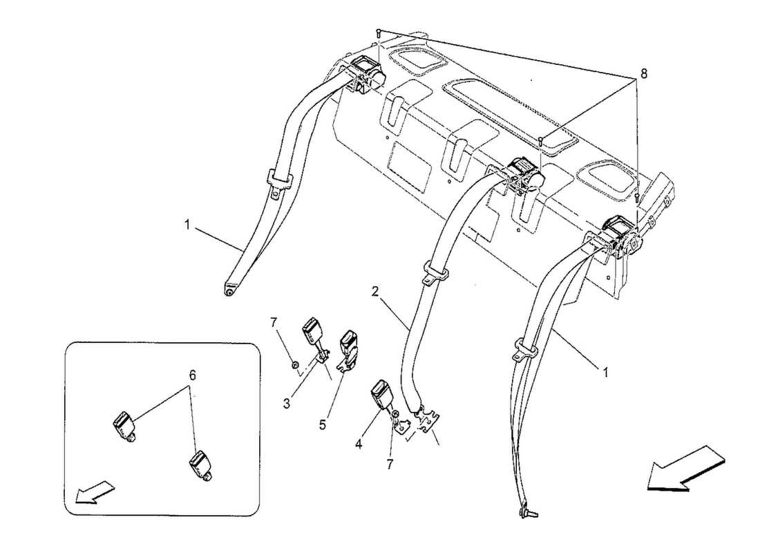 maserati qtp. v8 3.8 530bhp 2014 diagramma delle parti delle cinture di sicurezza posteriori