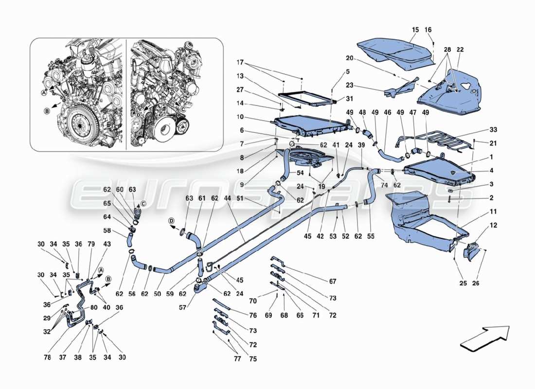 ferrari 488 challenge diagramma delle parti dei radiatori ad acqua