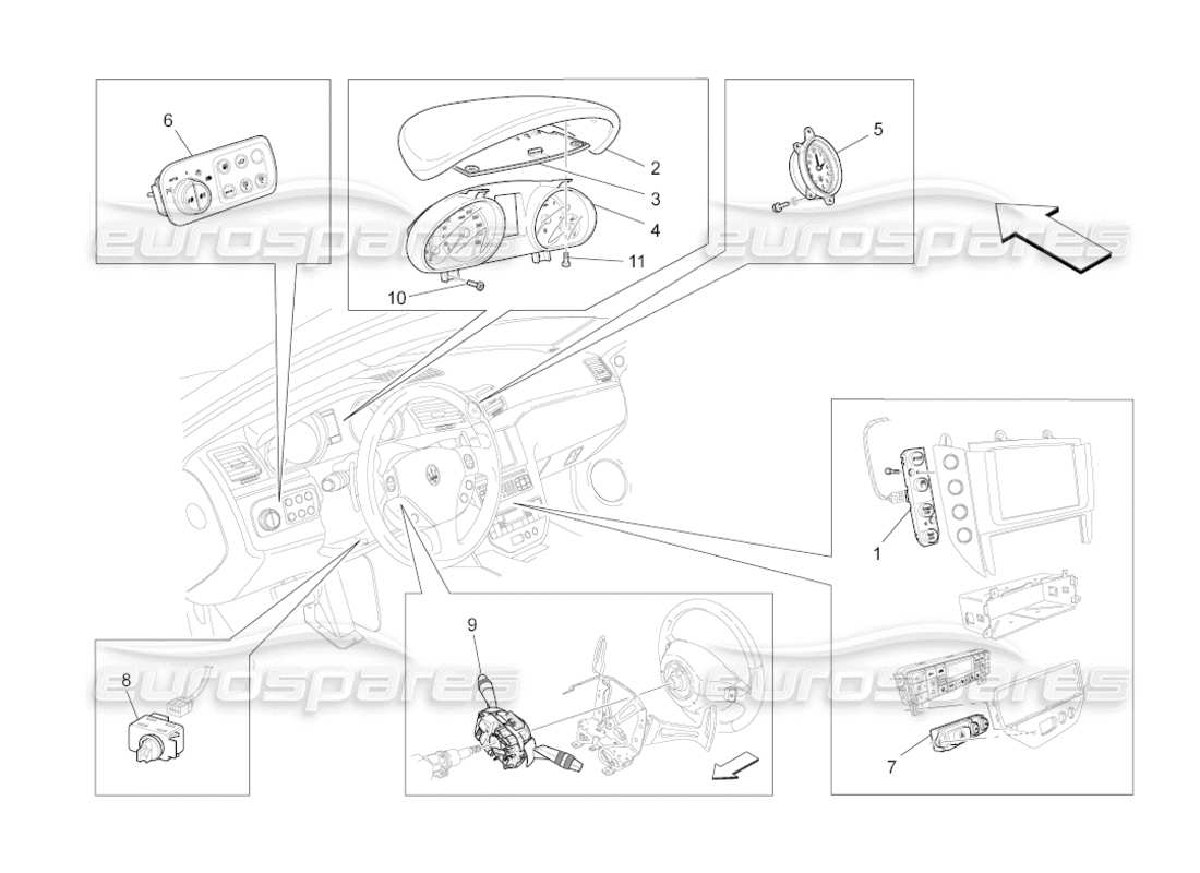 maserati grancabrio (2011) 4.7 diagramma delle parti dei dispositivi del dashboard