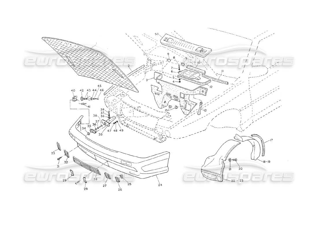 maserati shamal rifinitura interna del paraurti anteriore e del cofano diagramma delle parti