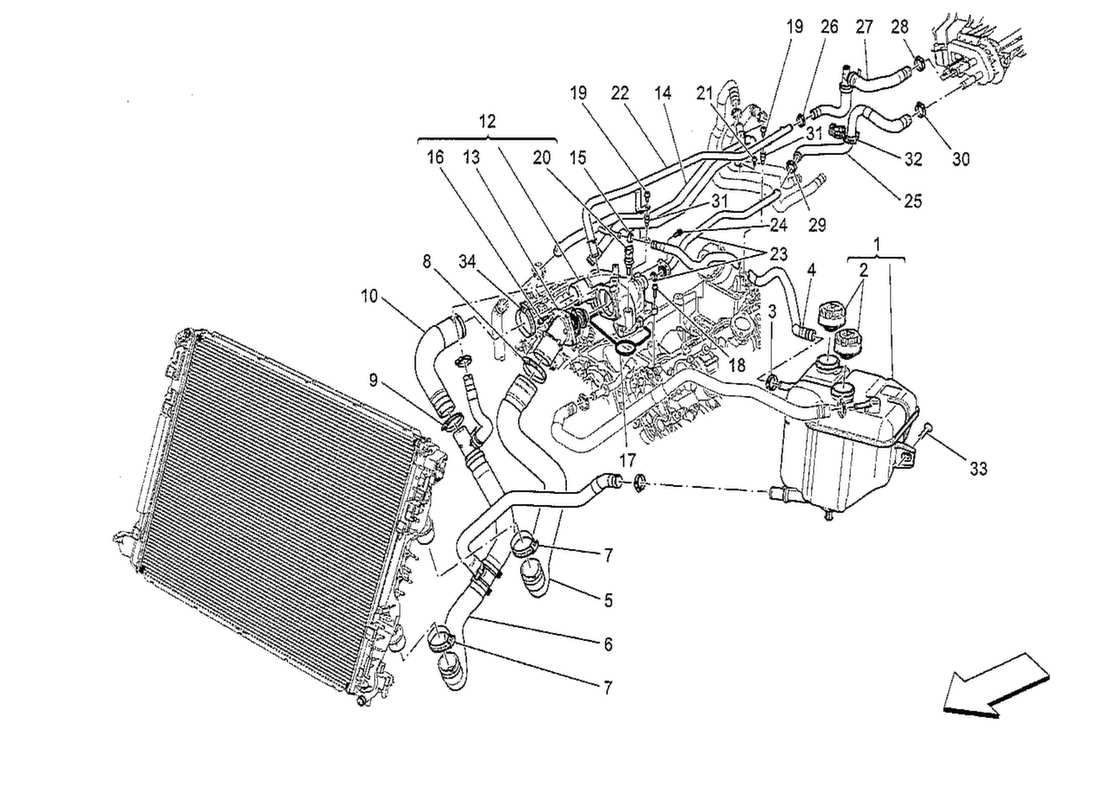 maserati qtp. v8 3.8 530bhp 2014 sistema di raffreddamento: diagramma delle parti di nourice e linee