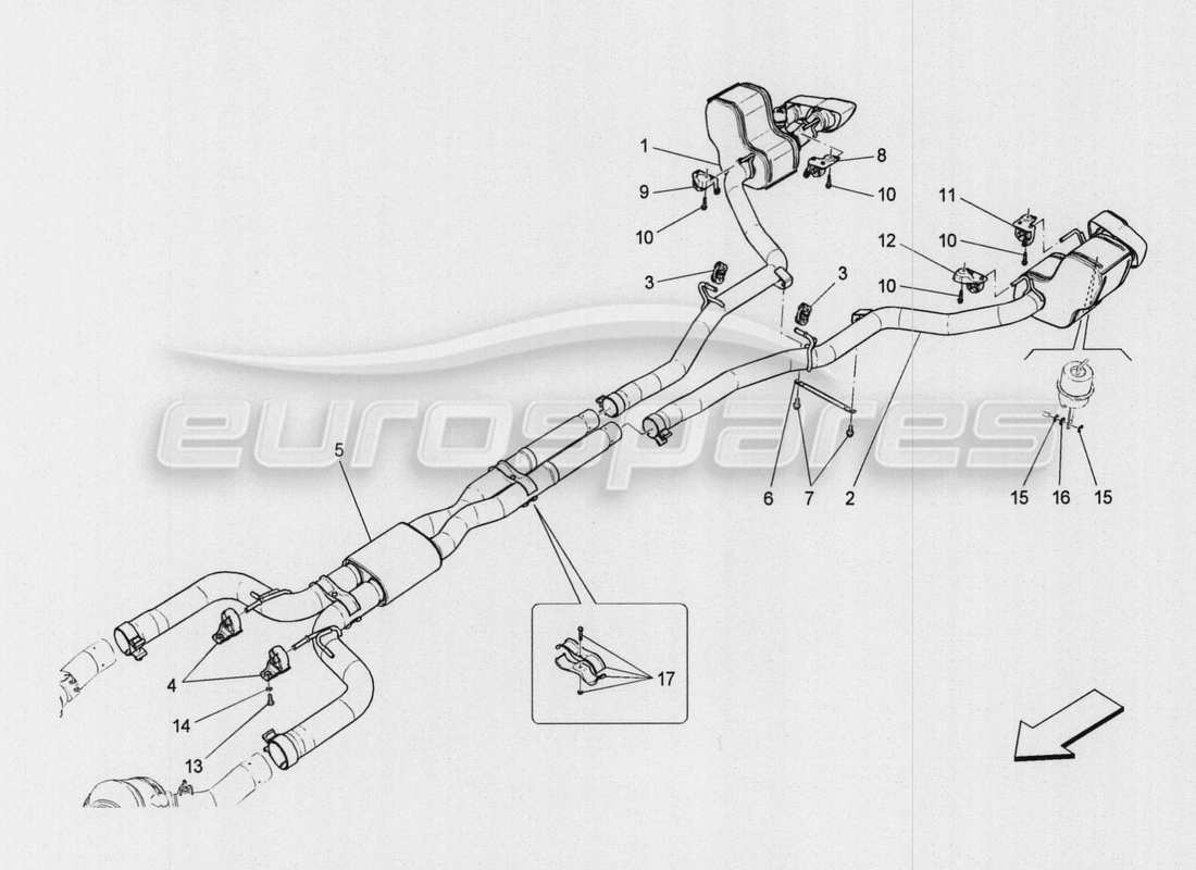 maserati qtp. v8 3.8 530bhp auto 2015 diagramma delle parti dei silenziatori