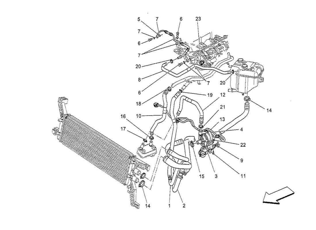 maserati qtp. v8 3.8 530bhp 2014 sistema di raffreddamento: diagramma delle parti di nourice e linee