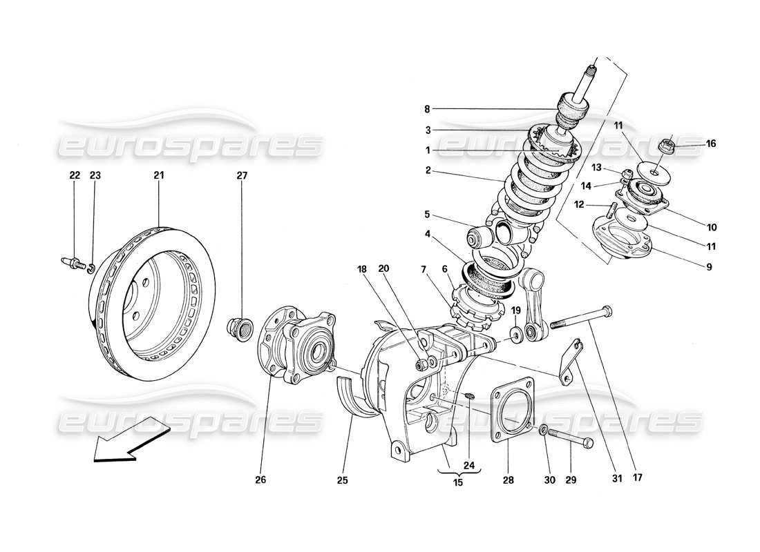 ferrari 348 (1993) tb / ts sospensione posteriore - ammortizzatore e disco freno schema parte