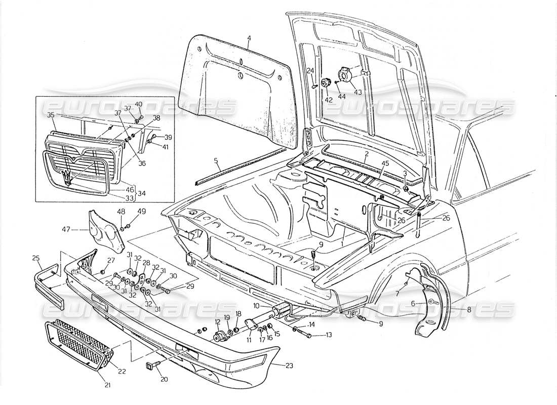 maserati 228 diagramma delle parti del paraurti anteriore e dei feltri insonorizzati