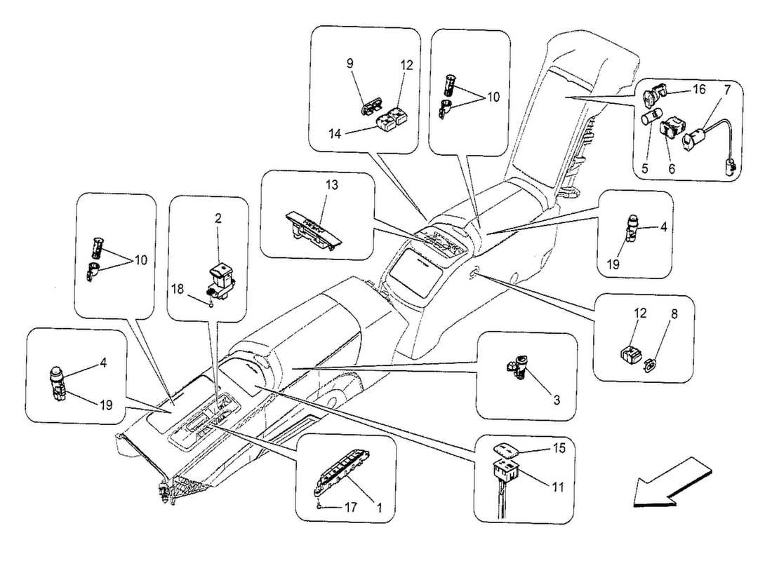 maserati qtp. v8 3.8 530bhp 2014 diagramma delle parti dei dispositivi della console centrale