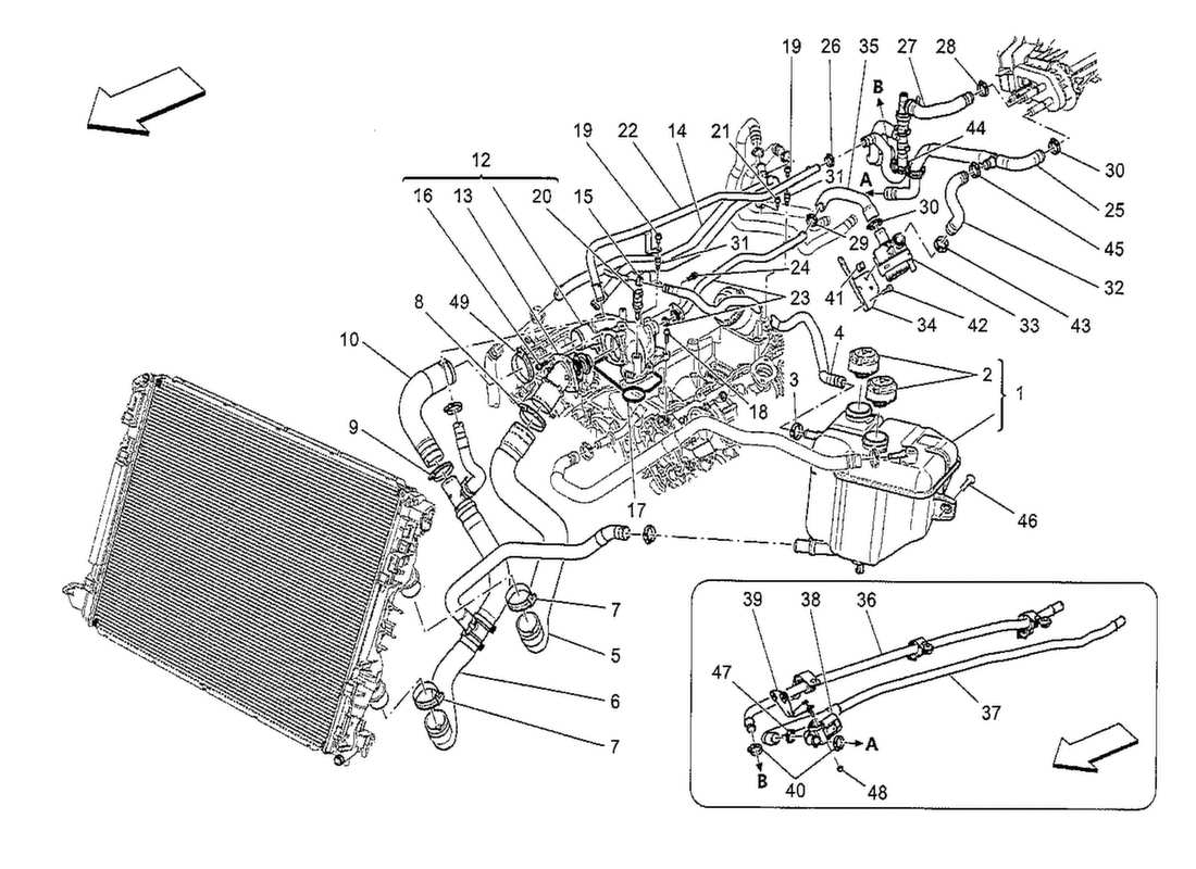maserati qtp. v8 3.8 530bhp 2014 sistema di raffreddamento: diagramma delle parti di nourice e linee