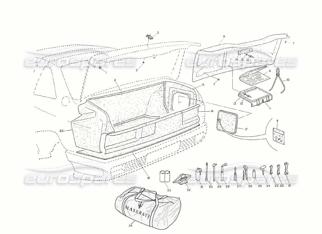 maserati shamal coperchio del bagagliaio: stemmi, rifiniture, strumenti diagramma delle parti