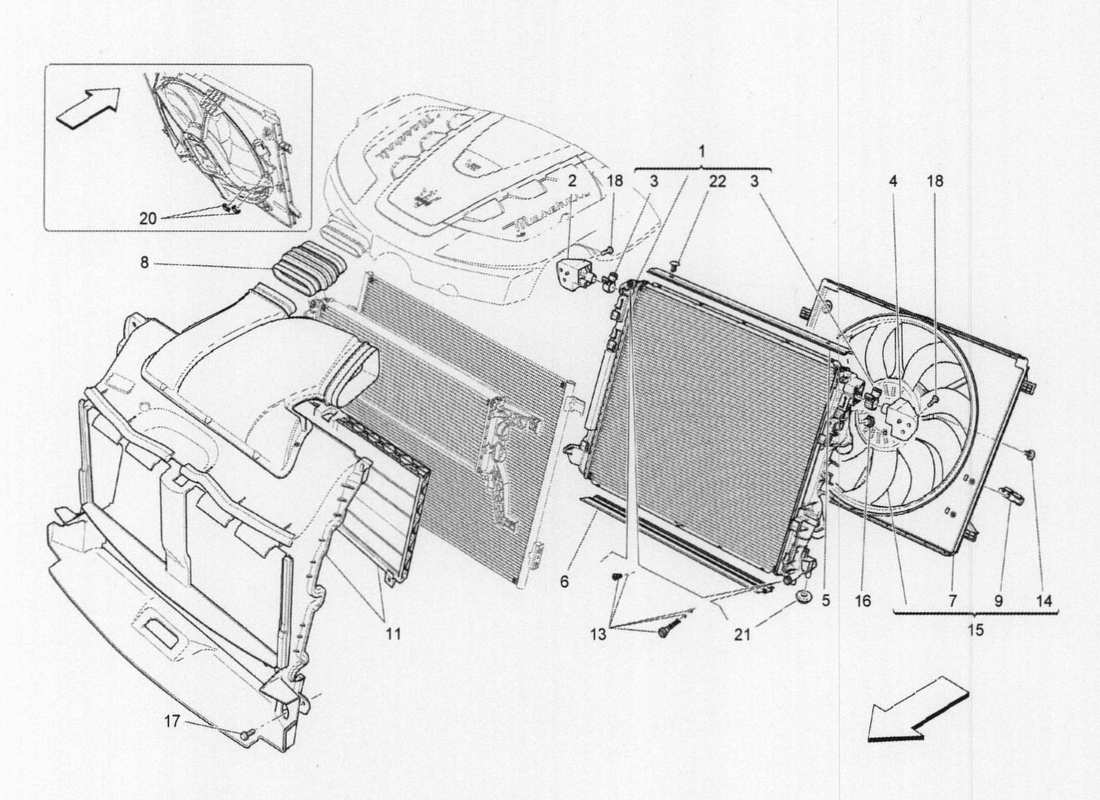 maserati qtp. v6 3.0 tds 275bhp 2017 sistema di raffreddamento: diagramma delle parti di radiatori e condotti