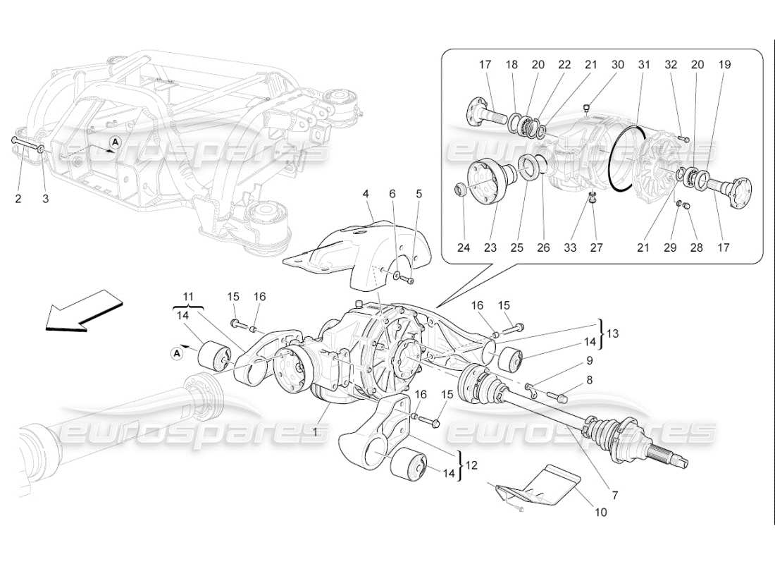 maserati qtp. (2009) 4.7 auto diagramma delle parti del differenziale e dei semiassi posteriori