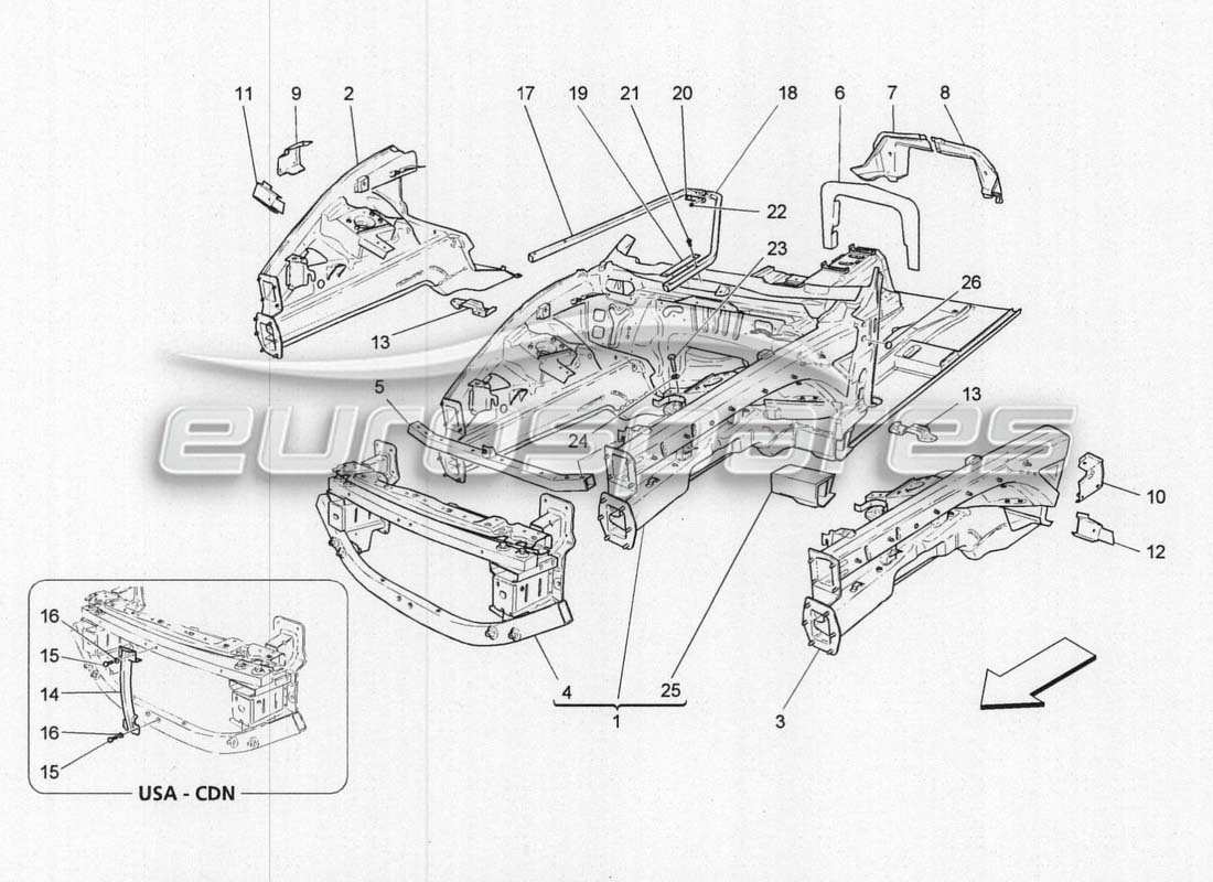 maserati grancabrio mc centenario strutture e cornici frontali diagramma delle parti